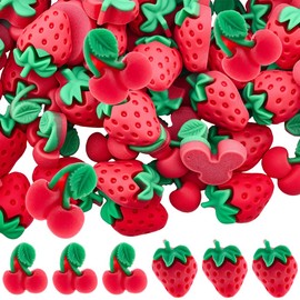 SUNNYCLUE 60Pcs 2 Styles Strawberry Resin Charms 3D Cabochons Red Cherry Fruit Food Kawaii Flatback Small Embellishments Accessories for Jewellery Nail Art Hair Clips Scrapbook Phone Cases DIY Decor