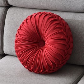 MAMAILUCKY Round Throw Pillow Velvet 1 Pcs 14.17" Home Decoration Pleated 3D Pumpkin Pillow Cushion for Couch Chair Bed Car (Red)