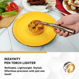 inZaynity Pen Torch Lighter - Windproof Jet Flame, Tiltable Head & Refillable Butane Torch with Adjustable Flame - Compact & Portable Lighters for Candle, Cooking, BBQ, Camping & DIY - Black & Steel
