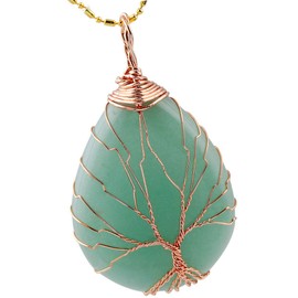 Nupuyai Tree of Life Teardrop Green Aventurine Crystal Stone Necklace for Women Men, Wire Wrap Amulet Stone Pendant for Reiki Chakra Healing