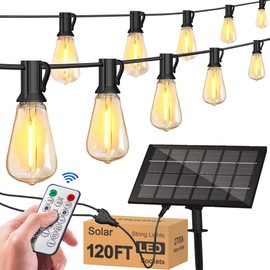 Stright Solar String Lights for Outside 120FT with Remote Control 8 Light Modes, Weatherproof Shatterproof ST38 LED Bulb 30 Sockets for Backyard Porch Cafe, Large Solar Panel