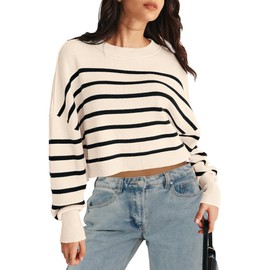 MEROKEETY Women's Long Sleeve Crew Neck Striped Crop Sweater Ribbed Knit Pullover Jumper Tops, Apricot, Large