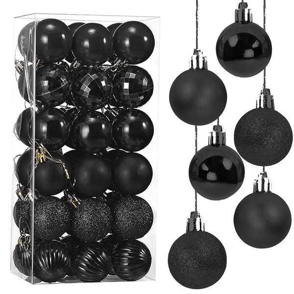Christmas Ornaments, 36 Pieces, Ball Set, Diameter 1.6 inches (4 cm), Scandinavian Style, Glitter, Shatterproof, 6 Types of Surface Treatments, Hook Included, DIY, Christmas Tree, Decoration, Room, Coffee Shop, New Year, Home Atmosphere, Decoration (Blac
