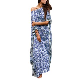 Bsubseach Women's Ethnic Print Kaftan Beach Maxi Dresses, Blue Print 2