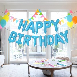 Light Blue Happy Birthday Banner Balloons, 16 Inch Foil Letters Balloons Banner Reusable Ecofriendly Materialfor Birthday Decorations and Party Supplies(with Ribbon)