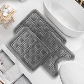 Clara Clark Set of 3 Bath Mats, Non-Slip Velvet Memory Foam Bathroom Rugs, Machine Wash, Soft and Plush Bath Rugs, 17 x 24 Inch, 20 x 32 Inch & U-Shaped 20 x 24 Inch, Waffle Design - Gray