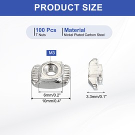 PATIKIL 2020 Series M3 t Nuts, 100pcs t Slot Nut Hammer Head Fastener Nut, Nickel Plated Carbon Steel Nut for Aluminum Profile l Silver
