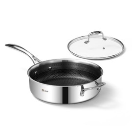 DELUXE Hybrid Nonstick 3.7 Qt Deep Sauté Pan with Lid, Stainless Steel Cookware Skillet with Stay-Cool Handles, Dishwasher and Oven-Safe, PFOA Free Deep Frying Pan, Compatible with All Cooktops