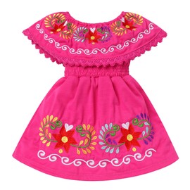 IBTOM Castle Mexican Dress for Girls Toddler Cinco de Mayo Dress Sleeveless Off-Shoulder Floral Embroidered Folklorico Traditional Mexican Costume Hot Pink 3-4 Years