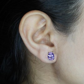 Sterling Silver Purple Amethyst Gemstone Stud Earrings, 7x9mm Fashion Designer Jewellery for Women