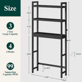Smiry Over The Toilet Storage Cabinet, 3-Tier Bamboo Bathroom Organizers with Adjustable Shelf & 4 Hooks, Space Saving Shelf Rack for Bathrooms, Laundry Room, Balcony, Black