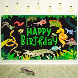 Reptile Swamp Happy Birthday Decorations Jungle Wild One Party Banner for Kids Safari Animals Lizard Snake Turtle Alligator Themed Banner 71 x 44 Inch