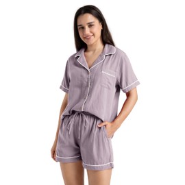 XINJU Womens Pajamas Set 100% Gauze Cotton Linen Like 2 Piece Button Down Short Pjs Sets Soft Comfy Sleepwear Loungewear (Large, Violet)