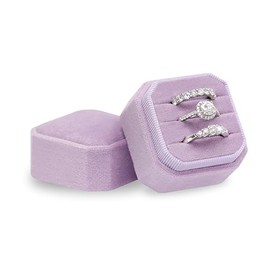 BLUTETE Square Octagon Ring Box 3 Slots Wedding Engagement Ring Set Keepsake Box Bridal Photo Gift Box (Lavender)