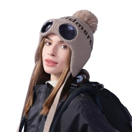 AYPOW Winter Thermal Knit Hat with Earwarmer Detachable Goggles, Women Fashionable Windproof Skiing Hiking Cycling Chunky Beanie Hat, Soft Fleece Lining Warm Cap Bobble Hat for Winter Outdoor Sports