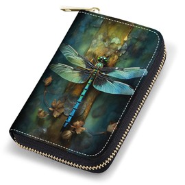 stmedazm Credit Card Holder Wallets for Women, RFID Blocking Small Leather Card Case Wallet with Zipper Accordion Wallets, Dragonfly