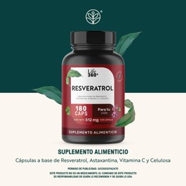 LIFE 360+ Resveratrol | 180 Cápsulas | Antioxidante de 1,024 mg por porción | Resveratrol, Astaxantina, Vitamina C y Celulosa | Suplementos Alimenticios | 90 Porciones por Envase | Sin Colorantes Añadidos
