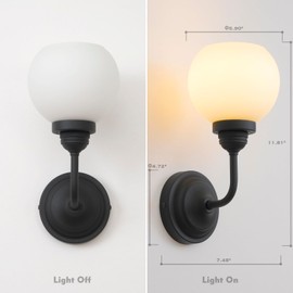 HEQIQEH Battery Operated Rechargeable Globe Frosted Glass Shade Wall Sconces with Remote Control, Dimmeable Milky White Shade Wall Lamp with Curved Rod for Kitchen Living Room Hallway