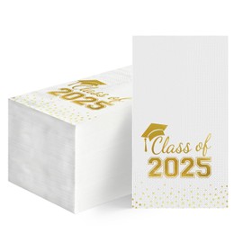 Horaldaily 50 Class of 2025 Graduation Disposable Paper Decorative Guest Napkins, White and Gold Foil dots, College High School Grad Celebration Hand Towel for Party Dinner Kitchen Bathroom
