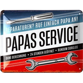 LANOLU Retro Tin Sign Papas Service - Sign Workshop Dad - Birthday Gift or Father's Day Gift Sign for Father, Funny Retro Decoration with Saying 15 x 20 cm