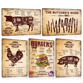 Set of 5 Tin Signs Retro Food – BURGERS RECIPES – BUTCHER GUIDE – BEEF CHICKEN PORK CUTS – Metal Sign Grilling Decoration for Restaurant Kitchen Wall Decoration 20 x 30 cm