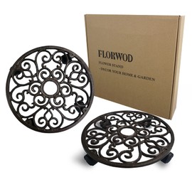 FLORWOD 2pcs Heavy Duty Cast Iron Flowerpot Holder Plant Caddy 11 inch, Flower Stand Round Planter Holder with 4pcs 360° Caster Wheels
