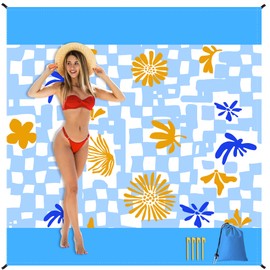 laimaimi Waterproof Sandproof Beach Blanket 80"x80" Extra Large Picnic Mat for 4-6 Adults, Blooms and Checks Quick Dry Lightweight Beach Mat with Stakes & Pouch for Travel Outdoor