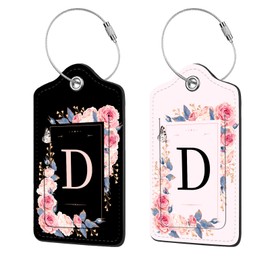 2 Pcs PU Leather Luggage Tag for Suitcases with Privacy Shield and Name ID Tag Address Card Travel Cruise Luggage Tag, Suitable for Men and Women Baggage Handbag Backpack,Flower and Monogram(Letter D