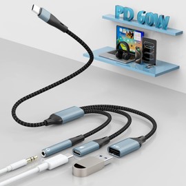 [2025 Newest Model] 3 in 1 Type C to USB Type C Converter Adapter USB C to 3.5mm Earphone Jack Converter, Hi-Fi Sound Quality, OTG Rapid Charging, USB 3.0 High Speed Data Transmission, No Settings