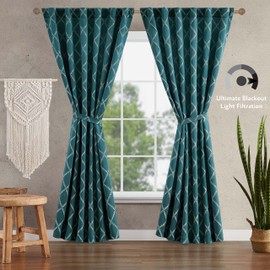 Jessica Simpson – Lynee Textured Diamond Patterned Ultimate Blackout Curtains | Set of 2 Panels and 2 Tiebacks | Privacy Drapes | Stylish Pocket Back-Tab Header | 52" x 84" | Teal