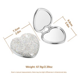 AsAlways Espejo de bolsillo compacto con diamantes de imitación, portátil, bonito espejo cosmético, plegable, de mano, doble cara, 1 x / 2 aumentos (plateado)