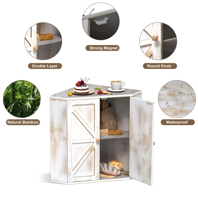 Trironsun Corner Bread Box for Kitchen Counter Double Layer Bamboo