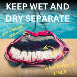 JIMJOOS Drawstring Mesh Swimming Bag - 25L Waterproof Swim Bag with Wet/Dry Compartment, Multifunctional Sports Backpack for Kids, Adults, Swimming, Surfing, Beach, Gym (Pink)