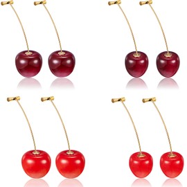 4 Pairs Cherry Earrings Cherry Sweet Earrings 3D Cherry Dangle Earrings with 10 Pieces Ear Lines for Women and Girls