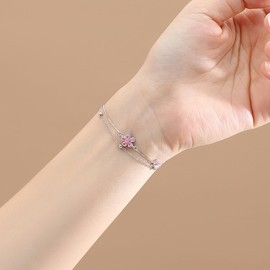 Dainty Flower S925 Sterling Silver Bracelet for Women Pink Cubic Zirconia Crystal Wedding Bracelet Lucky Flowers Statement Thin Link Chain Layered Adjustable Outfit Accessories Jewelry