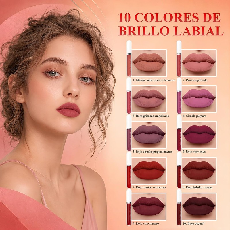 Brillo Labial 10PCS, Labial Mate Indeleble