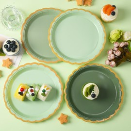 JASSEWRLY 48 Pcs Sage Green Scalloped Party Paper Plates Disposable, 9" Cute Sage Green Dinner Baby Bridal Shower Dessert Birthday Paper Plate for Baby Shower Wedding Party Supplies