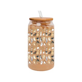 Yipaidel Dog Animal Glass Cup 16 OZ, Iced Coffee Glass with Bamboo Lids and Straw, Beer Can Shaped Drinking, Inspirational Birthday Sunshine Christmas Gifts for Mom, Best Friend, Wife