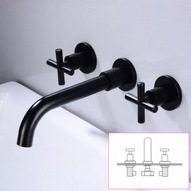 Wall Mounted Bathroom Sink Faucet Black,Hot and Cold Sink Mixer Tap Faucet,360 °Swivel Spout,Double Handle Wall Mount Brass Basin Mixer,B-Split (Color : Black, Size : A-Split)