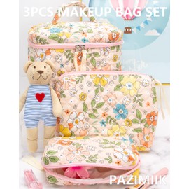 PAZIMIIK 3PCS Makeup Bag SET Large Travel Quilted Zipper Soft Cosmetic Case Pouch for Women Girls Make Up,Floral Orange