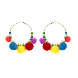 Colorful Pom Pom Tassel Earrings Rainbow Round Hoop Ball Clay Beads Drop Earring Large Fashion Boho Faux Fur Plush Ball Statement Earrings Vacation Ethnic Jewelry for Women-A colorful