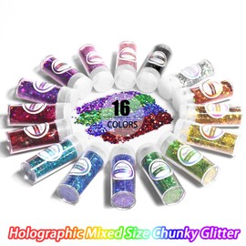 Renfio Holographic Chunky Glitter, 16 Colors Resin Glitter Set Each 10g/0.35oz PET Chunky Glitter Flakes Sequins Mix Fine Glitter for Crafts, Resin Accessories, Snow Globe Tumbler Supplies, Nails