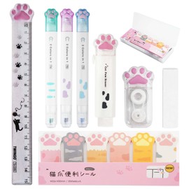 Mulaibdin Kawaii Stationery Set, Cute School Stuff, School Supplies Girls Aesthetic, Cat Paw Ruler Correction Roller, Pens Eraser Sticky Notes Cat, Stationery for Students, Children (White)