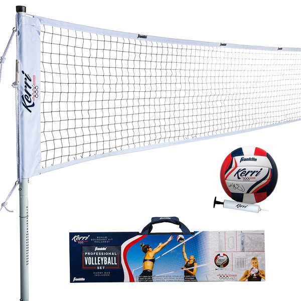Franklin Sports Volleyball Professional Net Set: Kerri Walsh Jennings Edition - Includes Pro Style Volleyball with Pump, Adjustable Net, Stakes, Ropes - Beach or Backyard Volleyball - Easy Setup