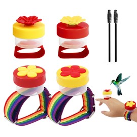 Feelorna 4 PCS Hummingbird Ring Feeder, Hand Held Hummingbird Feeders Hummingbirds Wrist Feeder with Adjustable Strap and 2 Cleaning Brush Mini Hand Feeding Tools for Outdoors Window (Colorful)