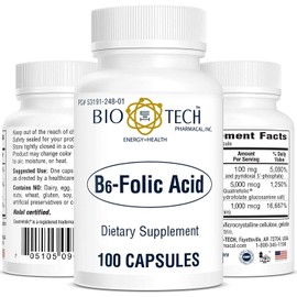 Bio-Tech Pharmacal B6-Folic Acid, 100 Capsules – All-Natural Supplement – Supports Cardiovascular, Bone, & Nervous System Health – No Dairy, Fish, Gluten, Peanut, Shellfish, Halal, & Soy – No