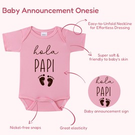 BIBIBLISSBABY Hola Papi Baby Announcement Onesie, Funny Spanish Pregnancy Reveal Bodysuit for New Dad, 0-3 Months Infant Outfit Gift from New Grandparents or Baby Shower Idea (Sweet Pink)