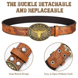 Waist Wow Western Cowboy Belt for Men Women Cowgirl Leather Belt for Jeans Bull Buckle Belt Floral-Engraved Mexican Belts