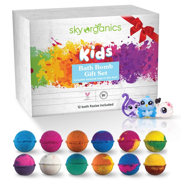 Sky Organics Kids Bath Bombs Gift Set with Surprise Toys Loose in Box (12 ct) Fun Assorted Colored Jumbo Bath Fizzies Kid Friendly Gender-Neutral Bath Bombs Made in The USA Bubble Bath Fizzy Set
