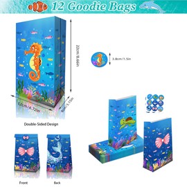 98 Pieces Ocean Children's Birthday Party Favour with 12 Sea Animals Gift Bags, 12 Key Chains, 12 Bracelets, 12 Squishys Toys, and 50 Stickers, Sea Animals Party Bags, for Girls and Boys